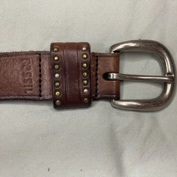 Fossil Brown Leather Studded Belt Silver Buckle Sz M - Picture 2 of 7